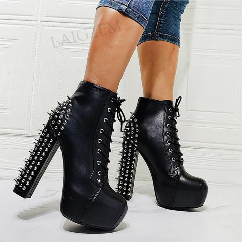 SEIIHEM-Botas de plataforma con tachuelas para mujer, botines bajos altos gruesos, calzado negro Unisex, talla grande 36 42 44 50 52 ► Foto 1/6