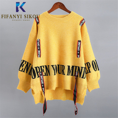 Suéter elástico de punto para mujer, ropa de calle con cinta de letras, jerséis de manga larga con cuello redondo, Tops cálidos, novedad de 2022 ► Foto 1/6