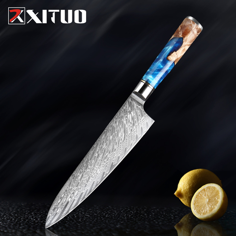 XITUO-cuchillo japonés de acero de Damasco VG10, utensilio de cocina para pelar frutas y verduras, mango de madera de resina de colores azules ► Foto 1/6