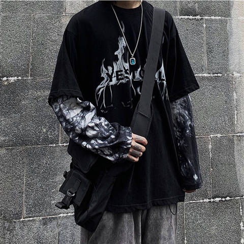 Negro Hip Hop camiseta hombres Casual otoño Tops Tee falso dos piezas manga larga hombres camiseta moda Japón camiseta streetwear niños ► Foto 1/6