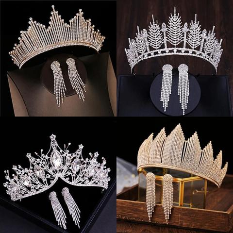 Corona barroca de lujo para novias, Tiaras de cristal de Color plateado con pendientes, diadema de diamante de imitación, accesorios para el cabello de boda, Bisutería ► Foto 1/6