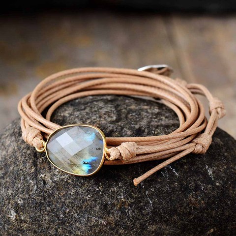 Brazalete con piedras naturales Labradorite, pulsera larga de Amistad Bohemia, pulsera étnica única hecha a mano, envío directo ► Foto 1/6