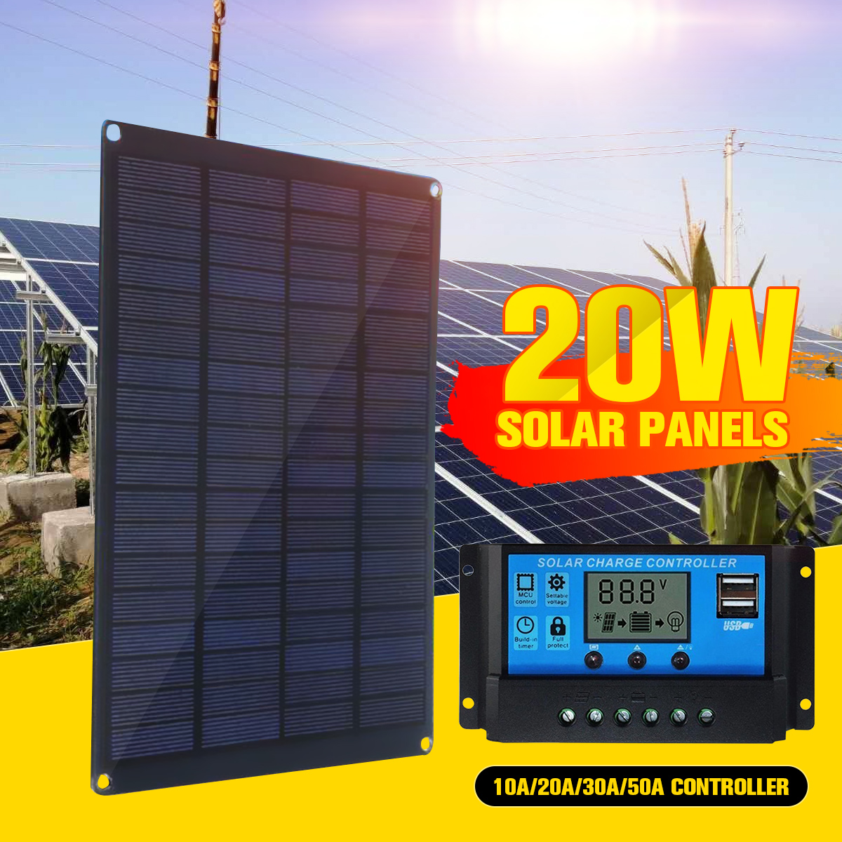 Panel Solar de 20W 12V 18V con Clip de batería + 10/20/30/50A, controlador Solar de cargador de coche, células solares para Camping al aire libre senderismo ► Foto 1/6