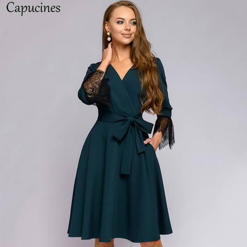 Capucines elegante encaje costura cuello pico Mujer vestido otoño mangas hasta la muñeca bolsillos Sashes Casual vestidos para ropa de Oficina de las mujeres ► Foto 1/6