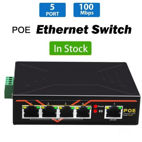 Interruptor Ethernet Industrial de 5 puertos, conmutador de red POE DIN Tipo de carril de 48V, 10/100Mbps, adaptador de red Lan RJ45, refuerzo de señal ► Foto 1/5