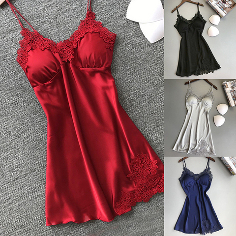 Sexy Satén de seda vestido de noche sin mangas pijamas Camisón con cuello de V camisón de encaje ropa de dormir pijamas para mujeres S-XL ► Foto 1/6