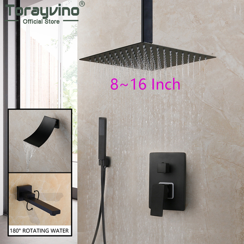 Torayvino LED grifo de ducha de baño Set negro mate cascada de lluvia de techo y montado en la pared oculto Sistema de ducha grifo mezclador ► Foto 1/6