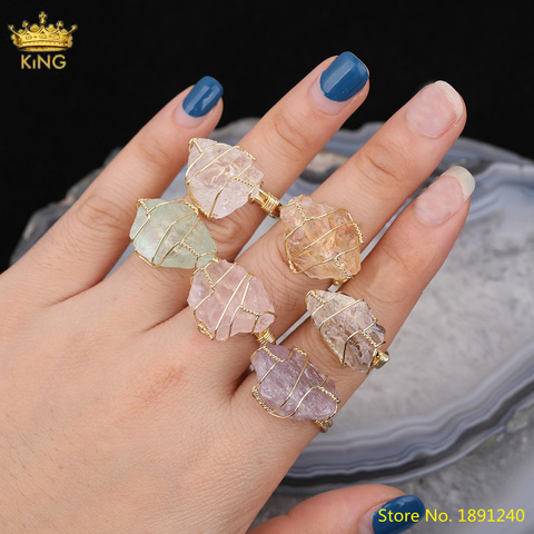 Anillos de cristal de cuarzo Natural envuelta en alambre para mujer y niña, 5 uds., joyería, anillos ajustables de cristal dorado bohemio ► Foto 1/6