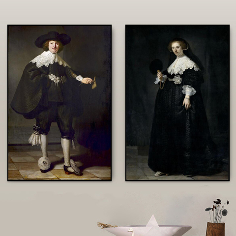 Pintura de Marten Soolmans y Oopjen Coppit, fotos de retrato artístico hechas por Rembrandt Van Rijn, pintura famosa sobre lienzo para pared ► Foto 1/6