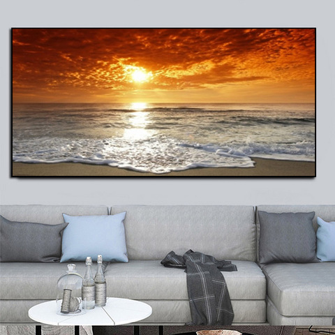 Cartel de paisaje de gran tamaño moderno, cuadro sobre lienzo para pared, atardecer, playa, impresión HD para decoración de sala de estar y dormitorio ► Foto 1/6