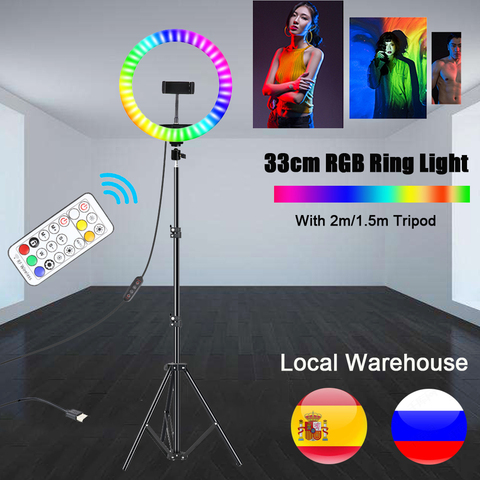 Anillo de luz LED para Selfie, iluminación RGB de 13 pulgadas y 33cm con trípode de 2m y 1,6 m, luz de fotografía colorida con USB y Control remoto para maquillaje de Youtube ► Foto 1/6