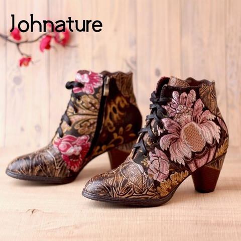 Johnature-Botas de piel auténtica para mujer, zapatos de tela bordada, con cremallera pintada a mano, punta redonda, con plataforma cruzada al tobillo ► Foto 1/6