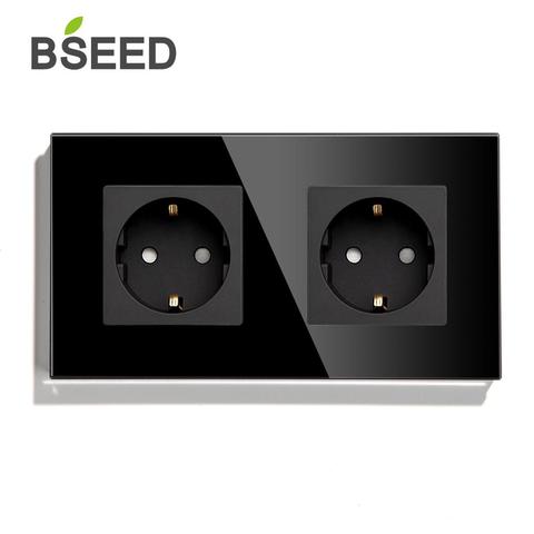 BSEED-Enchufes de pared estándar europeo, enchufes eléctricos individuales de doble marco, color negro, Panel de cristal, tomas triples de protección para niños, 16A ► Foto 1/6