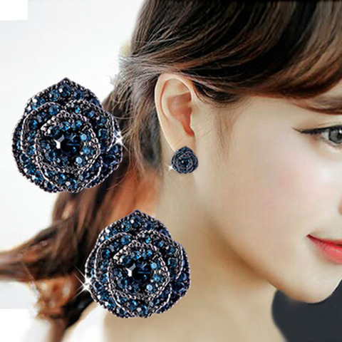 Crsytal-pendientes en forma de rosa azul para mujer, aretes con personalidad salvaje, aretes sencillos de moda para mujer, joyería de regalo para niña ► Foto 1/6