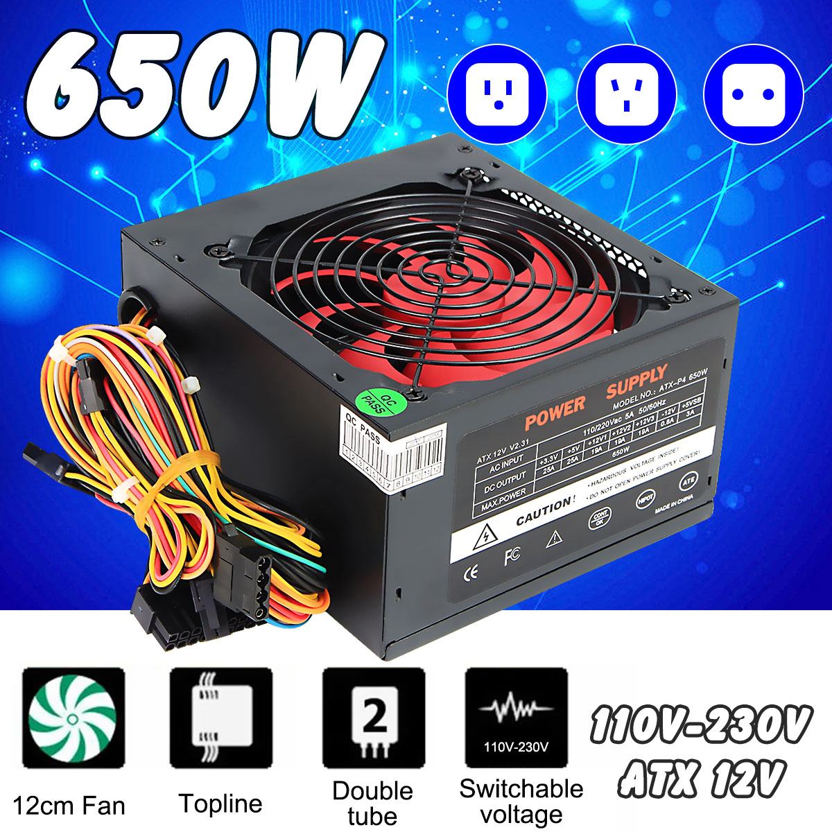 Fuente de alimentación del ordenador de 650W fuente de alimentación de la CPU de la PC de la computadora 20 + 4-pin 12cm ventiladores ATX 12V Molex PCIE w/ SATA PCIE ► Foto 1/6