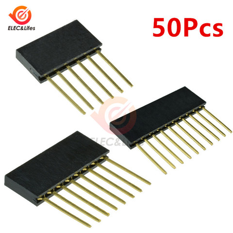 50 unids/lote de 2,5mm, 6 pines, 8 pines, 10 pines, pines largos hembra de una sola fila, Conector de zócalo de placa PCB de separación de 11mm para Arduino ► Foto 1/6