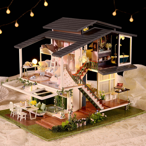 Juegos de muebles de casa de muñecas en miniatura para niñas, puzle de casa de muñecas en miniatura de madera, romántica, moderna, Villa ► Foto 1/6