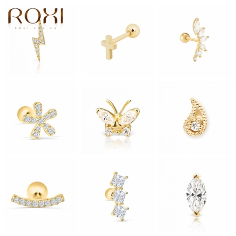 ROXI Flower Lightning-Pendientes Piercing plata 925 para mujer, con símbolo de Cruz de mariposa, corona, ojo, joyería ► Foto 1/6