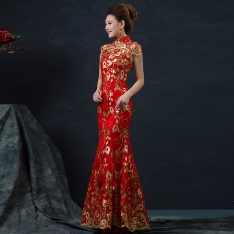 Rojo Boda China vestido de mujer largo de manga corta Cheongsam oro Slim vestido tradicional chino mujeres Qipao para fiesta de boda ► Foto 1/5