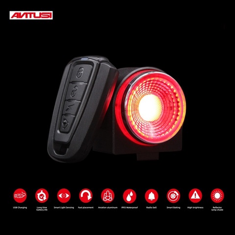 ANTUSI-luz trasera de freno automático A8, luz remota inalámbrica para bicicleta, campana, bloqueo de alarma antirrobo, lámpara Q1 de 7 colores para MTB ► Foto 1/6