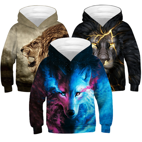 Chaqueta de talla grande para niños, suéter informal con estampado Digital 3D de León y Lobo para niños, sudadera holgada con capucha, ropa para niños de 5 a 14 años ► Foto 1/6