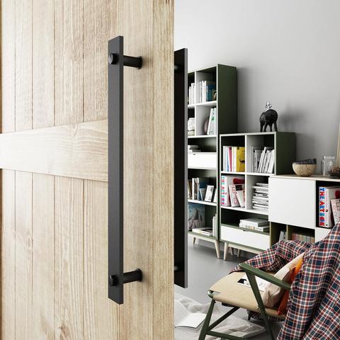 Manija de puerta de granero de acero negro rústico, tirador de puerta de madera, manijas de barra plana de dos lados, 14