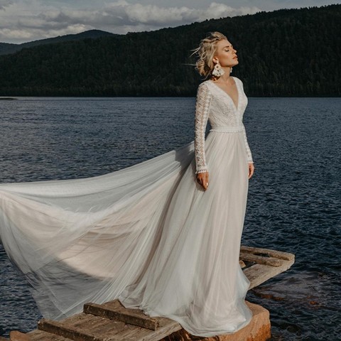 Vestidos De novia bohemios De manga larga con escote en V, Espalda descubierta, De encaje, para playa, bohemios largos ► Foto 1/6