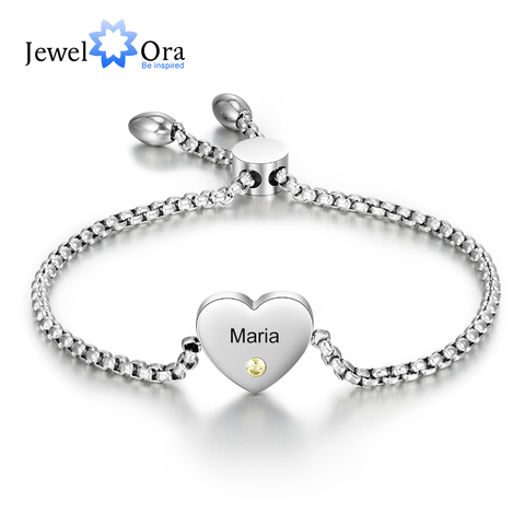 Pulsera de corazón con nombre grabado personalizado para mujer, brazalete de cadena ajustable de acero inoxidable con piedra de nacimiento, joyería personalizada ► Foto 1/6