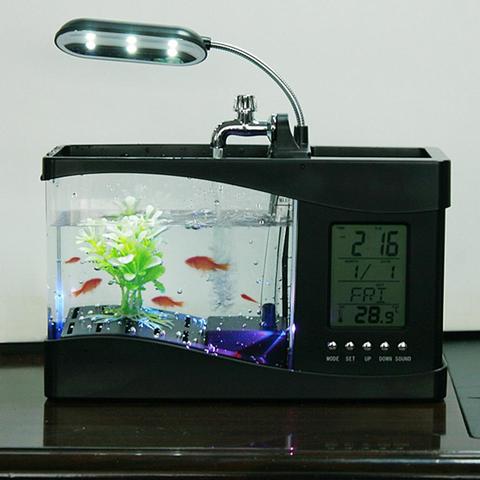 Acuario pecera de plástico USB de carga de iluminación LED pecera con pantalla LCD pecera para oficina en casa decoración de escritorio ► Foto 1/6