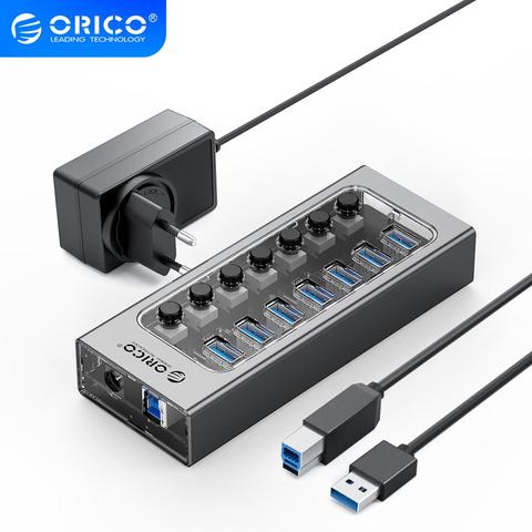 ORICO-concentrador USB 3,0 Industrial 7/10/13/16 aluminio + interruptor de encendido/apagado divisor USB transparente con adaptador de corriente de 12V compatible con cargador ► Foto 1/6