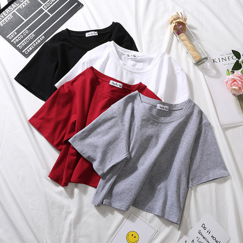 Camisetas de manga corta de algodón para mujer, blusa lisa, top de cintura alta con cuello redondo, camisa holgada informal para mujer 2022 ► Foto 1/6