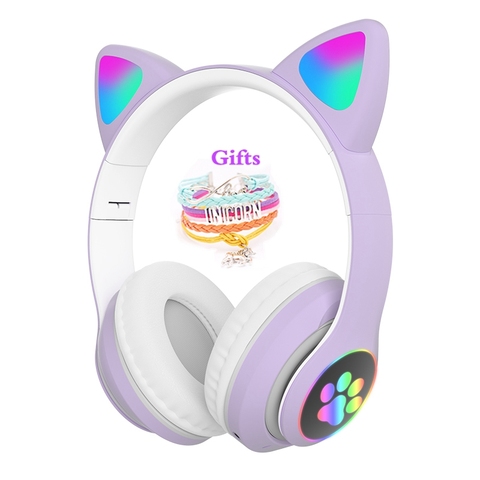 Flash Decoración LED chica música casco inalámbrico lindo gato Bluetooth auriculares con micrófono brazalete con dije de unicornio teléfono jugador auriculares regalo ► Foto 1/6