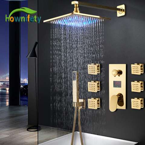 Juego de ducha oculta LED dorada de lujo, mezclador frío y caliente, cabezal de ducha grueso de latón, grifo de baño de 3 vías de dos tipos ► Foto 1/6