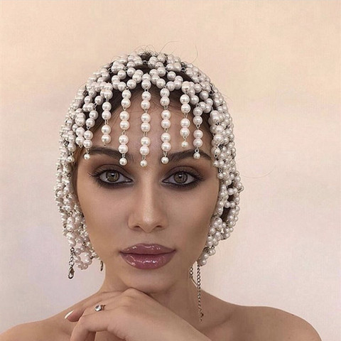 Diadema hecha a mano con borlas de perlas ahuecadas, cadena para el pelo de novia para mujer, gorro para la cabeza con perlas de lujo, accesorios ► Foto 1/6