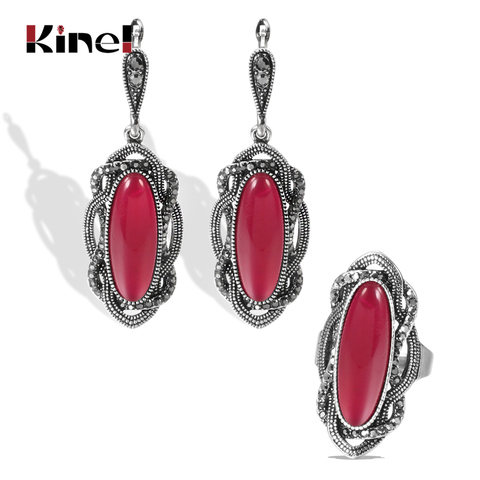 Kinel-pendientes de piedra roja bohemios para mujer, conjunto de anillos tibetanos, plata, gris, cristal étnico, pendientes ovalados de boda para novia, joyería Vintage ► Foto 1/1