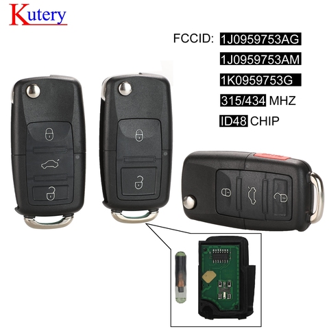 Kutery 2/3/4 Flip botón llave de control remoto Fob 434MHz ID48 Chip para VW Beetle Bora Golf Passat Polo transportador T5 1J0 959 753 AG ► Foto 1/6