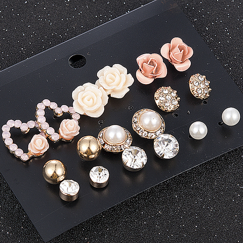 Conjunto de 9 pares de pendientes de aleación con perlas y flores para mujer, aretes, cristales, regalos de joyería para boda, moda coreana, 2022 ► Foto 1/6