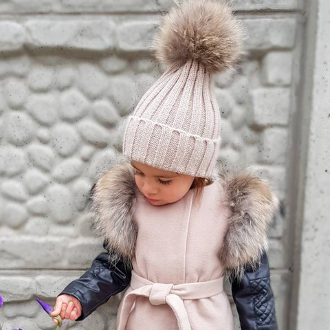 Gorro de piel grande con pompón para niño y niña, gorro de punto cálido para invierno, gorro de bebé de piel de mapache auténtica, gorro de bebé ► Foto 1/6