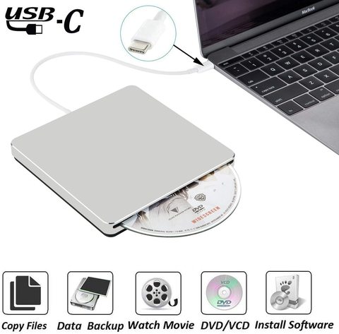 Unidad de grabadora de DVD externa, USB 3,0/Unidad óptica tipo C, reproductor de grabadora de CD/DVD +/RW con ranura delgada, USB C, Superdrive para Mac/ventana ► Foto 1/6