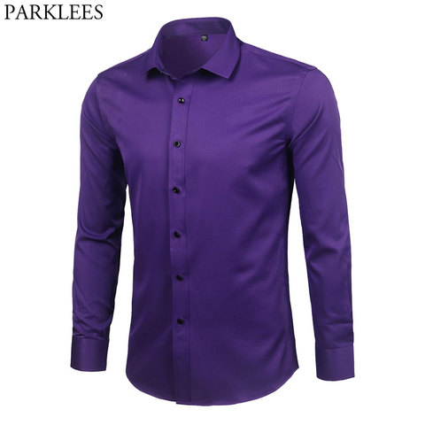 Camisa de vestir morada de fibra de bambú para hombre, camisa nueva de 2022 ajustada de manga larga para hombre, camisa Formal de mantenimiento fácil de planchar para hombre ► Foto 1/6