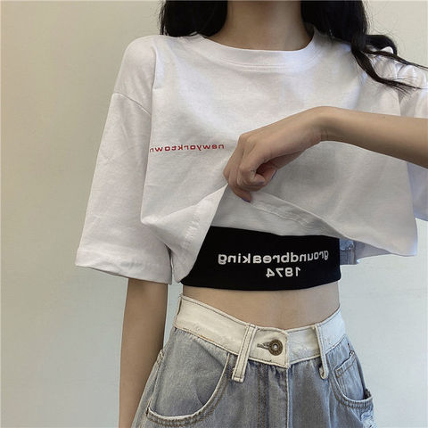 Camiseta de manga corta blanca para mujer novedad de verano 2022 corta de cintura alta suelta Crop Top Casual básica camisetas con bailarina ► Foto 1/6