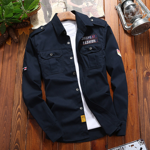 Camisas para hombre, camisa militar de algodón, color caqui, informal, Retro, ajustada, con bolsillo, manga larga, chaqueta Vintage, ropa de calle, triangulación de envíos ► Foto 1/6