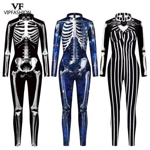 VIP FASHION Cosplay de Halloween con estampado de esqueleto para adultos para mujer mono de fantasma para fiesta carnaval actuación disfraz aterrador body ► Foto 1/6