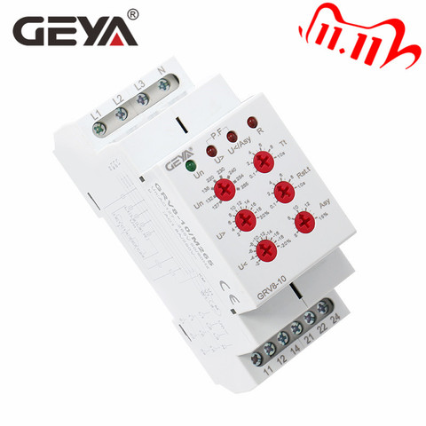 GEYA-relé de monitoreo de voltaje, GRV8-10 de 36mm de ancho, 3 fases, con tiempo de reinicio, 0,1 s-10s ► Foto 1/6