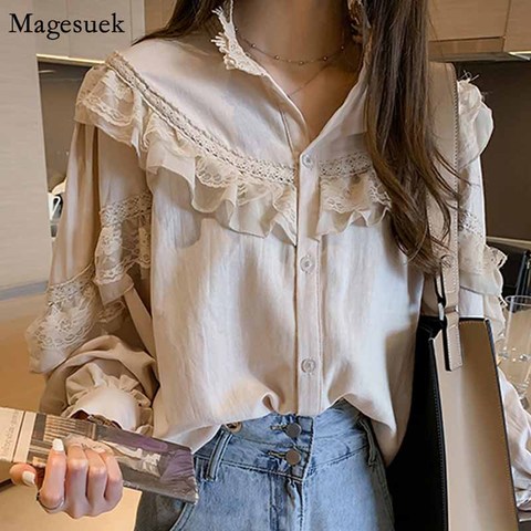 2022 nuevo otoño linterna manga larga elegante mujer Tops y Blusas de algodón sólido botón suelto Cardigan Camisas Blusas para mujeres 10097 ► Foto 1/5