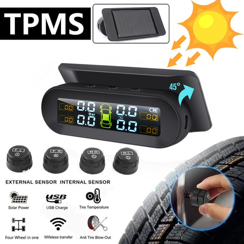 TPMS de energía Solar TPMS con alarma de presión de neumático de coche Monitor de sistema de seguridad de la presión de los neumáticos 360 ajustable de advertencia de temperatura ► Foto 1/6