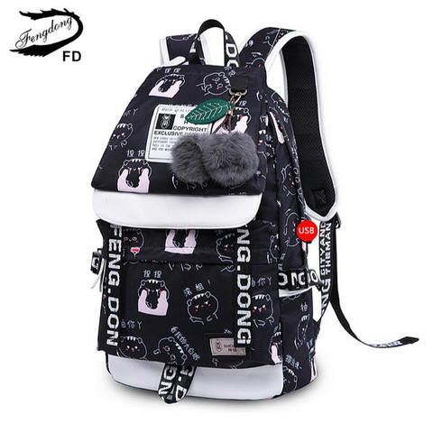 Fengdong-mochila escolar con estampado de gato para niñas, bolsa de libro resistente al agua, escolar, mochila para portátil de viaje con usb ► Foto 1/6