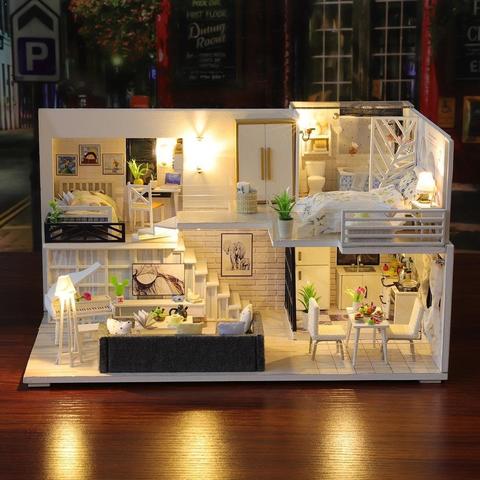 Casa de muñecas en miniatura con muebles para niños, casa de juguete con luz hecha a mano con P1W5 ► Foto 1/6