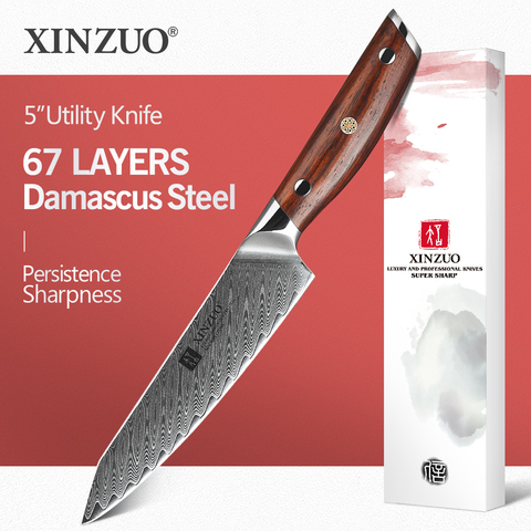 XINZUO-cuchillo de utilidad japonés VG10 Core, cuchillos de cocina de acero de Damasco, hoja afilada para rebanadora de Peeling de frutas, mango de palisandro, 5 pulgadas ► Foto 1/6