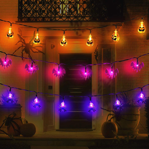 Luces LED de decoración exterior para Halloween, 10/20 luces LED de araña, murciélago, calabaza, cadena de Calavera, funciona con batería para fiesta de Halloween en interior ► Foto 1/6